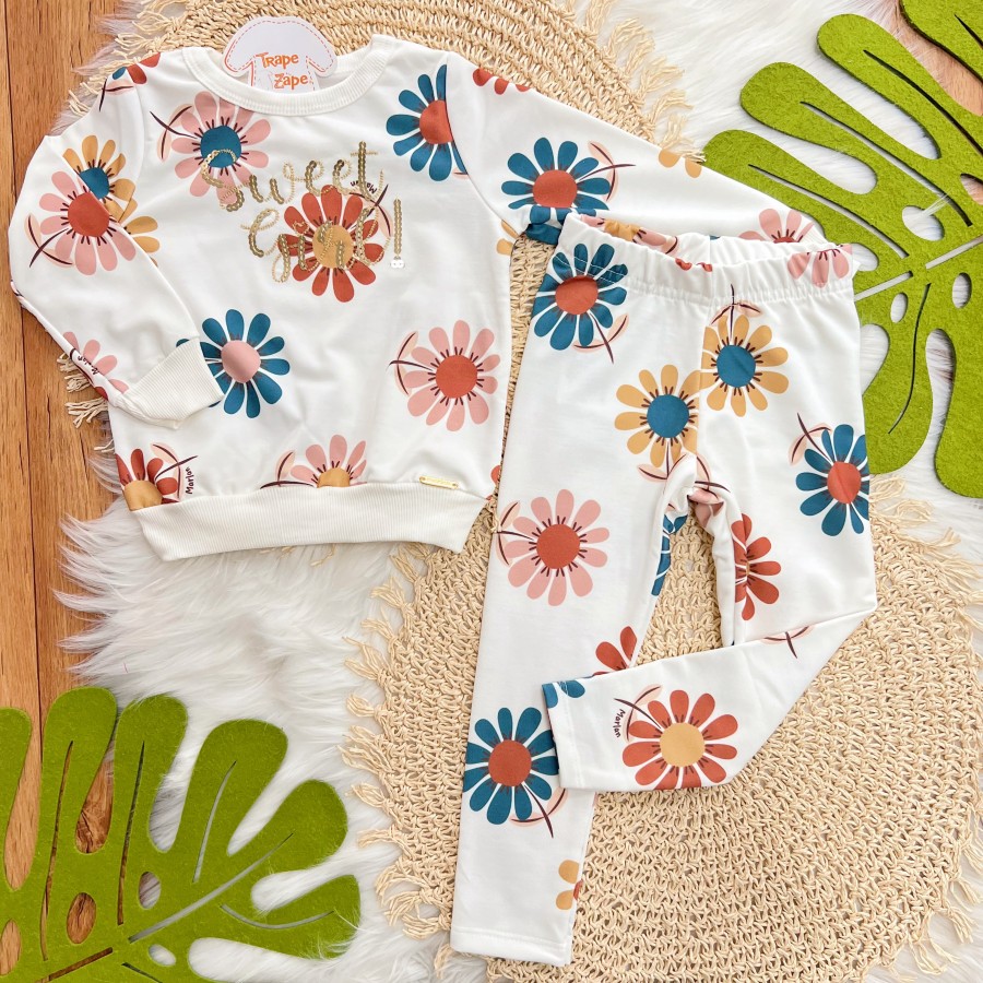 Conj. Blusão Manga Longa Sweet Girl e Calça Legging Floral - Off White